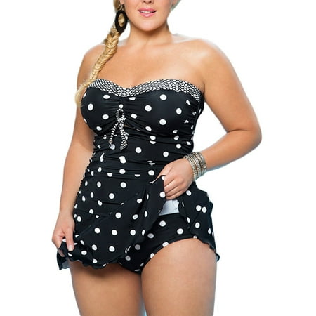 Dots Bathing Suit Two Piece Swimsuit for Women, S-XXXL Plus Size Braces Tube Swimdress+Briefs, Dot Push-up Padded Backless Swimwear Swimming Bathing Suit ()