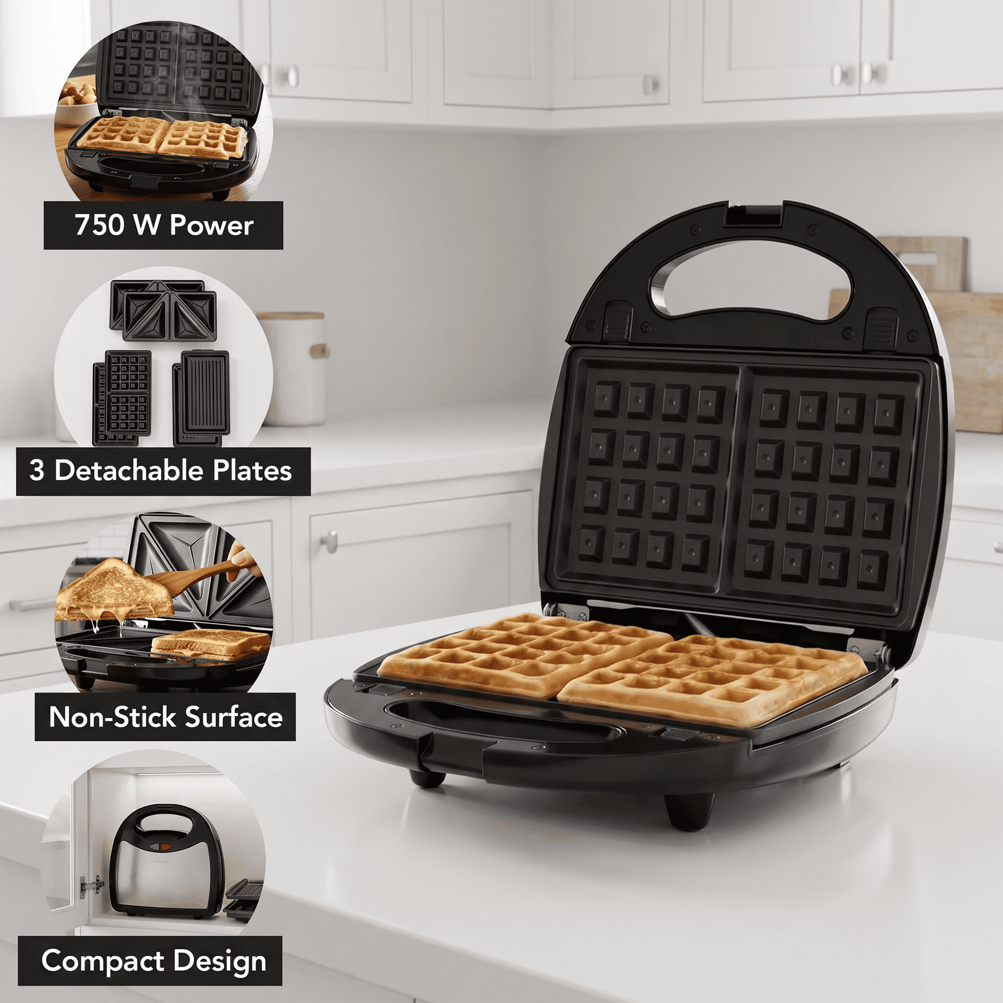 OVENTE 3 in 1 Electric Sandwich Maker, 750W Non-Stick Plates, Black GPI302B | Panini Press Grill and Waffle Iron Removable Set , Perfect for Grilled Cheese, Tuna Melts, Burgers, Steaks and Snacks