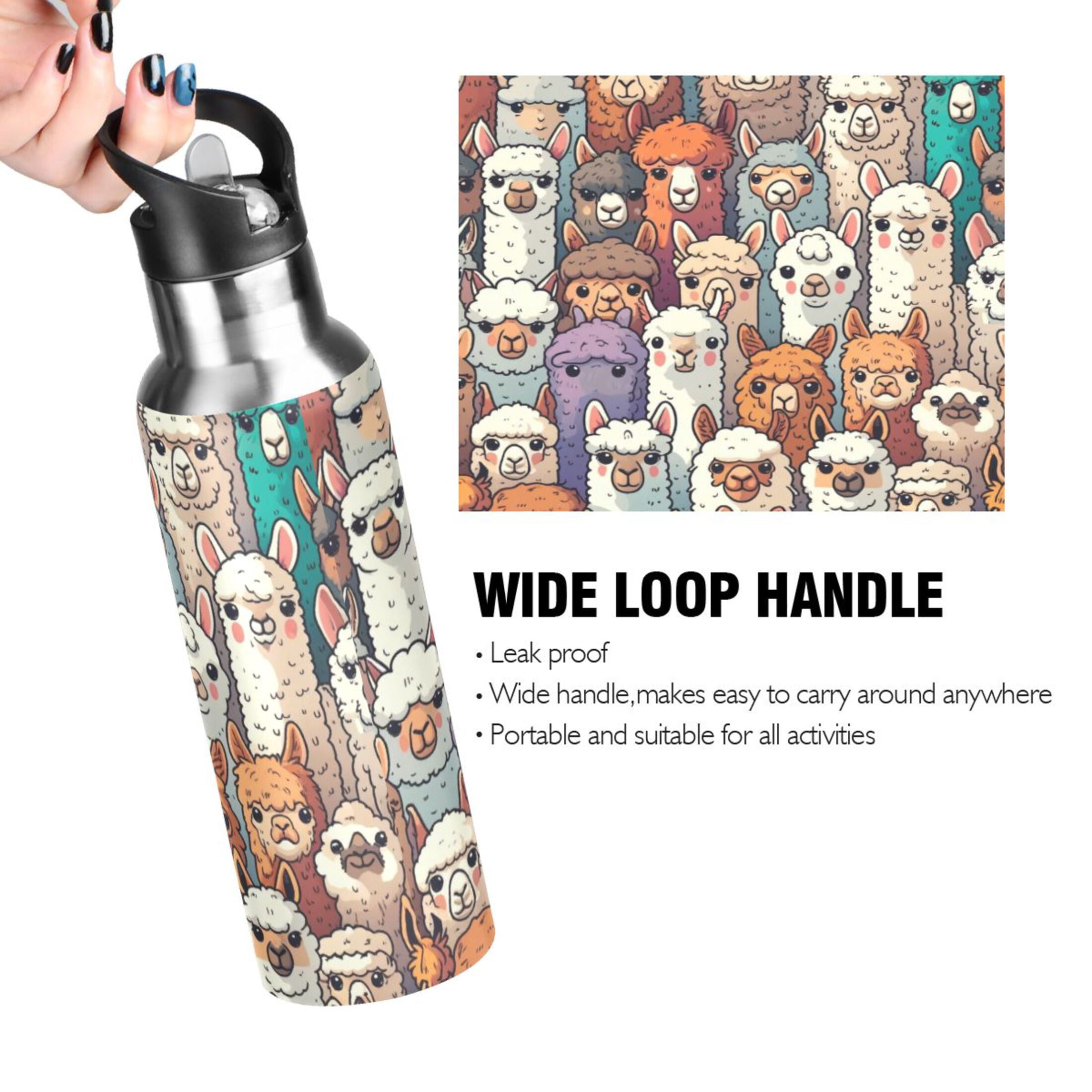 Water Bottles 20oz Straw Lid Wide Mouth Stainless Steel for School Sport Travel Alpaca Llama Animal Faces