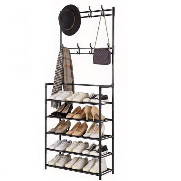 5 Tier Shoe Rack with Coat Hooks, Entryway Shoe and Coat Stand, Freestanding Shoe Storage Organizer with Garment Hooks for Hallway Bedroom Closet
