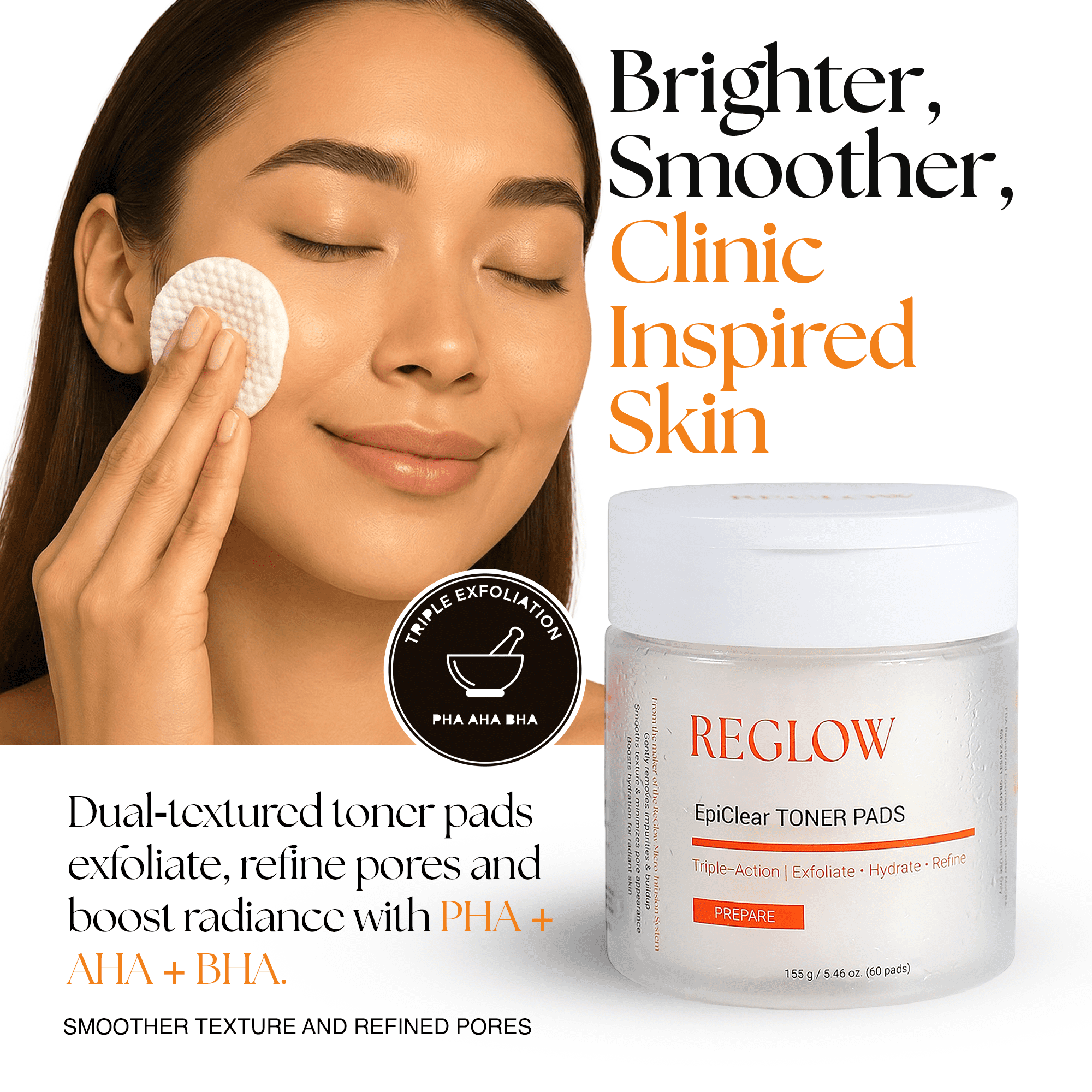 ReGlow EpiClear Exfoliating Toner Pads with AHA BHA PHA & Niacinamide, Dual-Textured Facial Pads, 60 Count