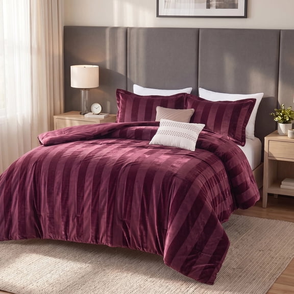 Regency Heights Brushed Velvet Striped Comforter Set, 5-Piece Luxury Cozy Bedding Sets with Decor Pillows, Queen Size Comforter Bed Set for All Seasons, Burgundy Red