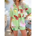 thumbnail image 3 of Women'S Soft Summer Floral Tropical Print V Neck Tee Short Sleeve Button Top Shorts 2 Piece Sets Green Bottom Fruit L, 3 of 8