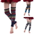 thumbnail image 3 of Calentadores de piernas largos de punto bohemio para mujer, calcetines hasta el muslo gruesos y cálidos a rayas de colores fluorescentes, medias por encima de la rodilla, puños par, 3 of 5