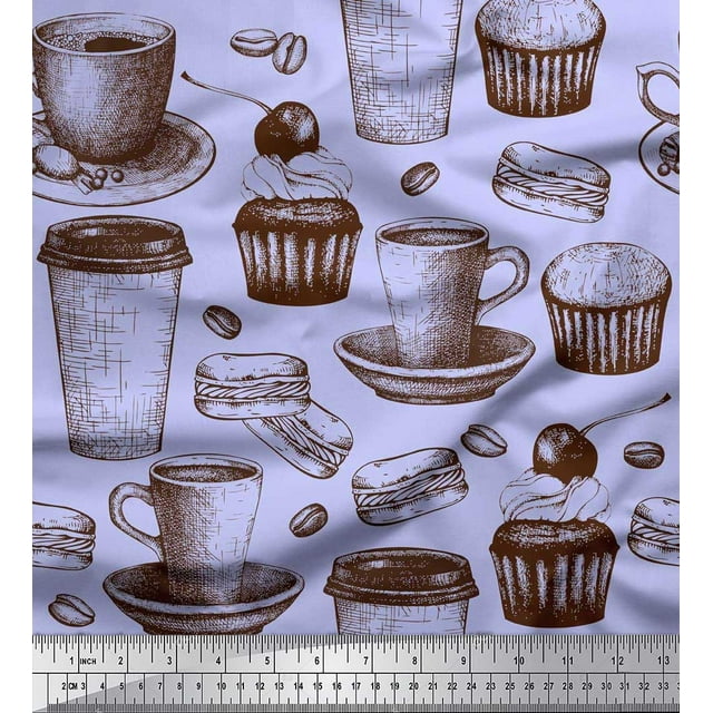 Soimoi polyester Crepe Fabric Burger,Cupcake & Cups Printed Fabric 1 Yard 52 Inch Wide
