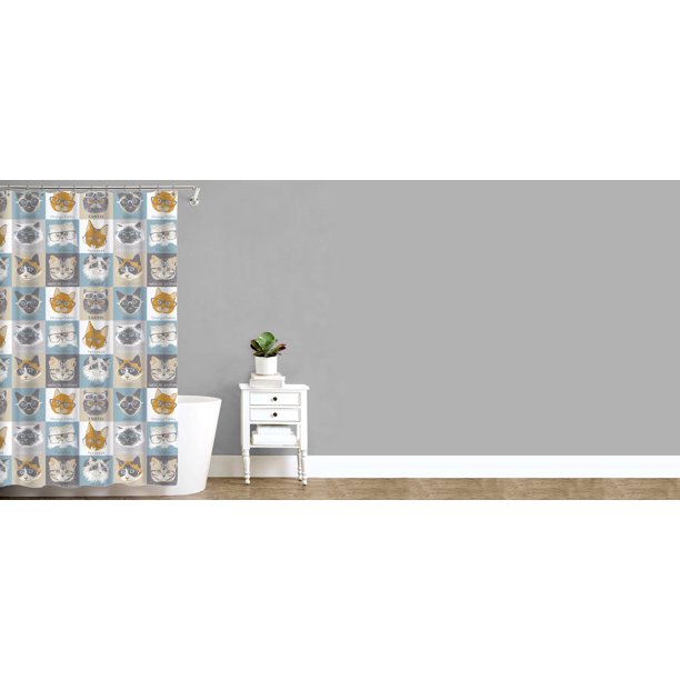 Splash Home Cats & Glasses PEVA Shower Curtain, 72" x 70", Grey