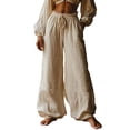 thumbnail image 2 of YueHuiYing Women's Solid Color Cotton Linen Fashion Casual Loose Literary Style Drawstring Elastic Waist Wide Leg Pants With Pockets For Daily Wear, 2 of 6