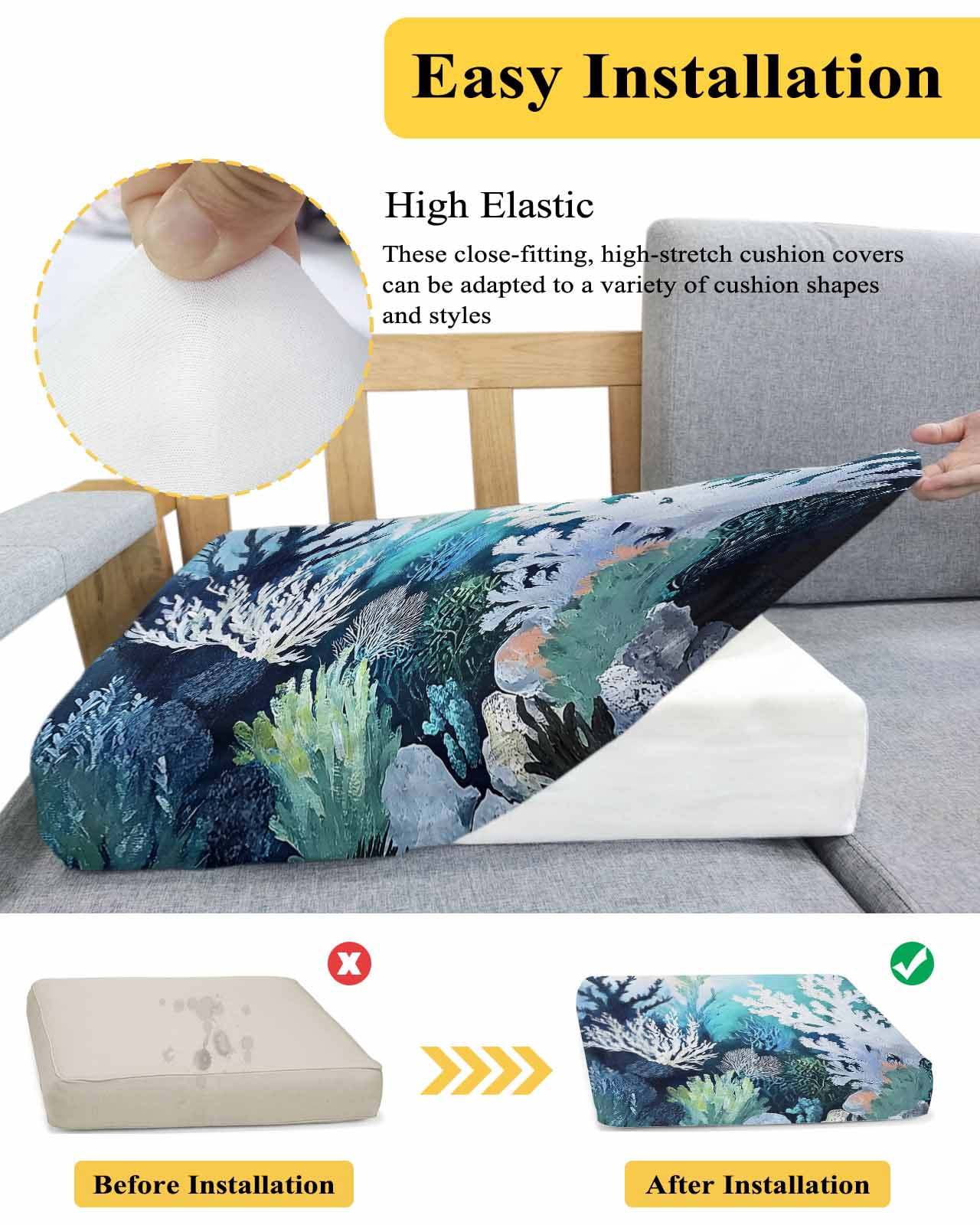 Coastal Ocean Couch Cushion Covers Stretch, Washable Sofa Seat Covers Individual Seat Cushion Sofa Slipcovers Summer Vintage Colorful Coral Couch Cover Furniture Protector S-1PCS