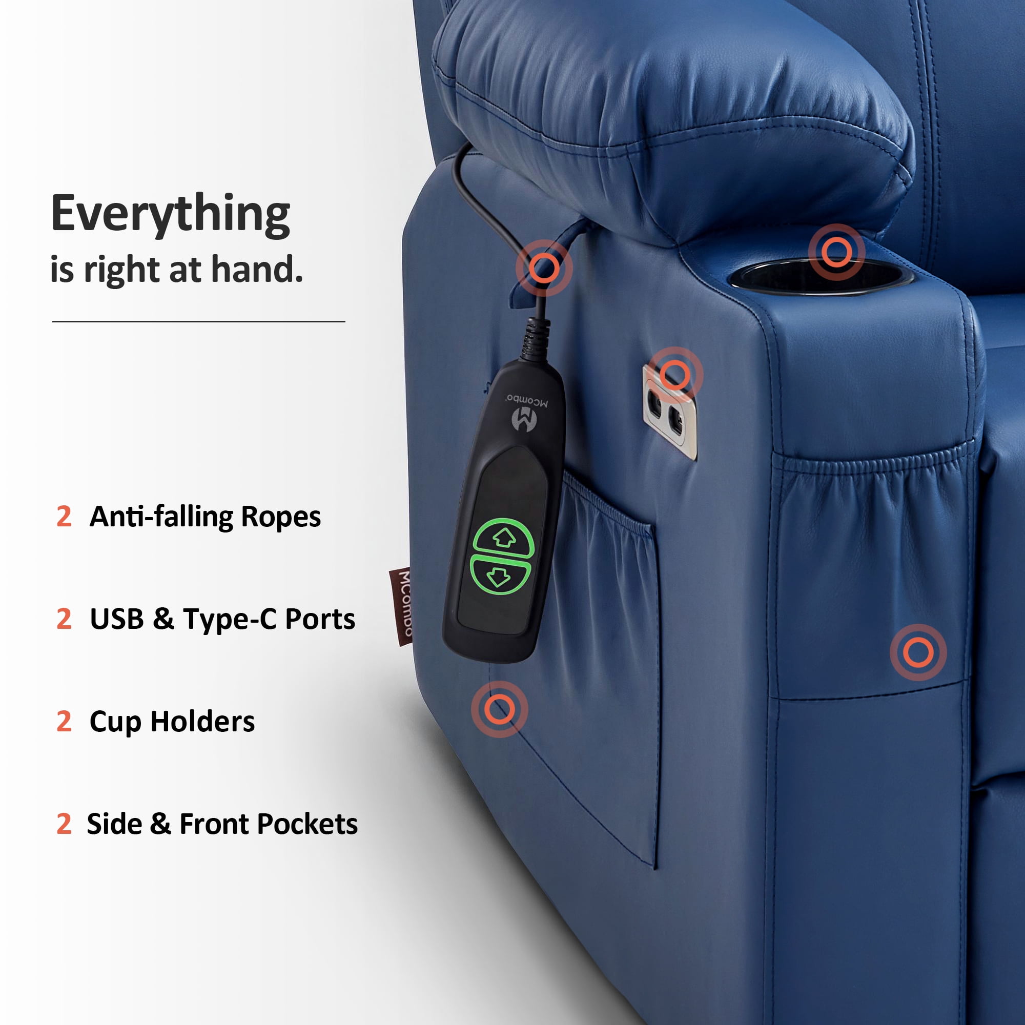 MCombo Electric Power Lift Recliner Chair Sofa with Massage and Heat for Elderly, 3 Positions, 2 Side Pockets, and Cup Holders, USB Ports, Faux Leather 7141 Blue, Small