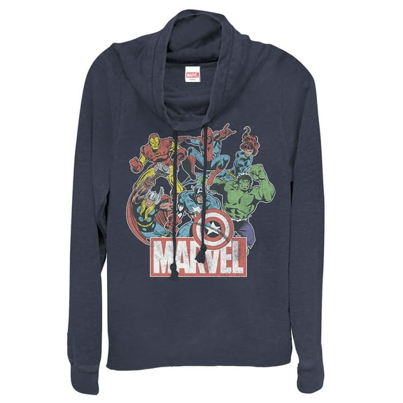 Junior's Marvel Classic Hero Collage Cowl Neck Sweatshirt Navy Blue Large