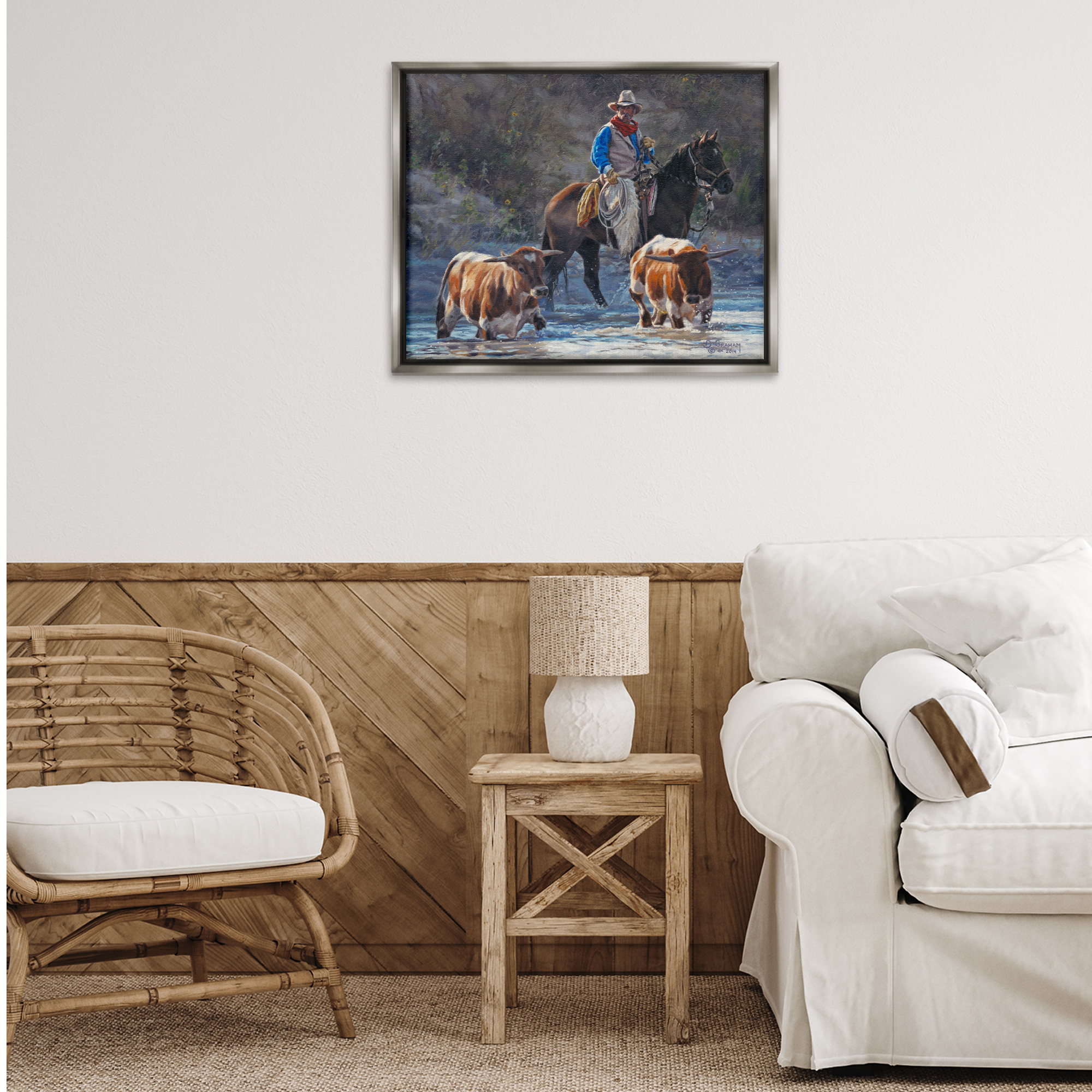 Stupell Industries Cowboy Crossing River Animals & Insects Painting Gray Floater Framed Canvas Art Print Wall Art, 31 x 25