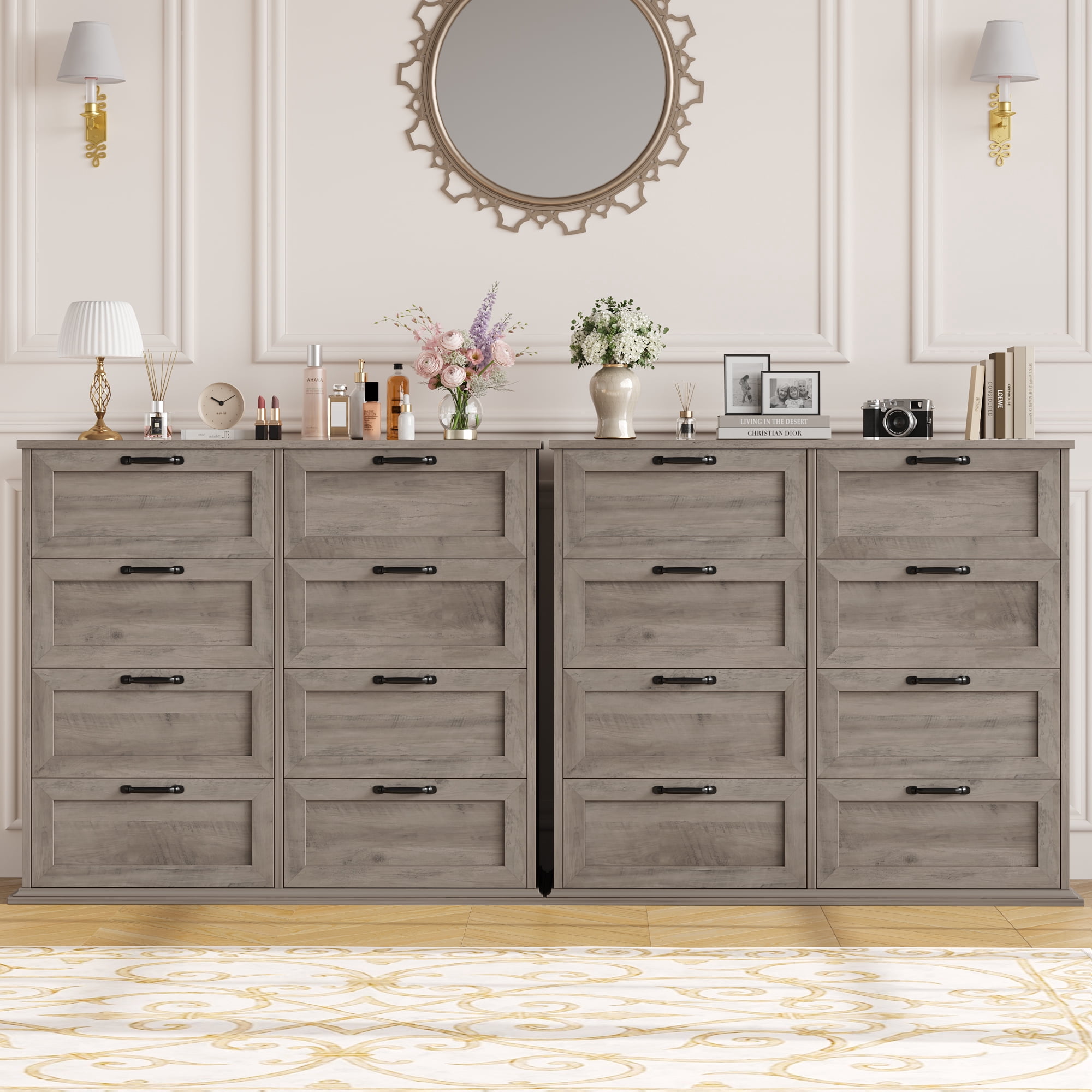 Homfa Horizontal 8 Drawer Dresser, Wood Storage Cabinet Double Dresser for Bedroom Living Room, Gray