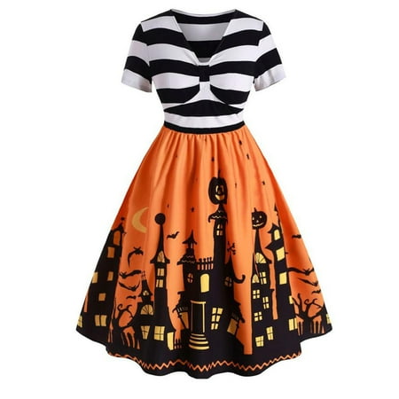 Women Vintage Short Sleeve V Neck Halloween Housewife Print Knotted V Back Dress