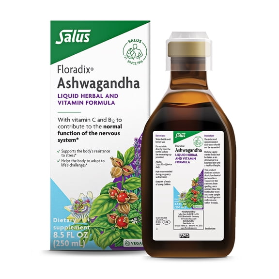 Floradix Ashwagandha Liquid Herbal & Vitamin Formula - Herbal Supplement with Ashwagandha Extract, Vitamin C, B12 & More - For Stress Support - Gentle to Digest - Vegan & Non-GMO - 8.5 fl oz