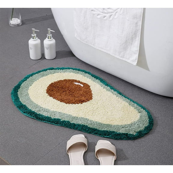 Fennco Styles Green Avocado Shaped Anti-Slip Bath Mat Small Bathroom Rug 20" W x 32" L - Fruit Design Water Absorbent Plush Foot Mat for Home Décor, Kids Room, Living Room, Nursery Décor