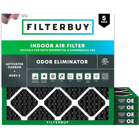 Filterbuy 18x18x1 MERV 8 Odor Eliminator, Pleated HVAC AC Furnace Air Filters (5-Pack)