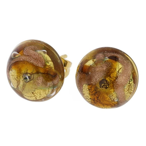 GlassOfVenice Murano Glass Button Stud Earrings - Gold and Topaz