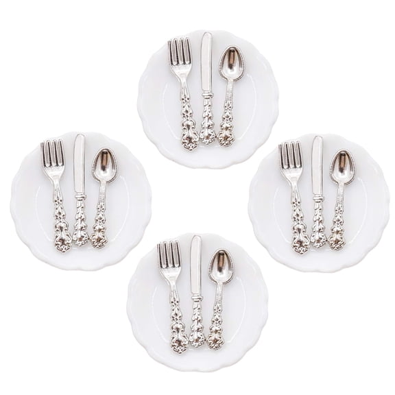 4Sets Dollhouses Miniature Tableware Set with Miniature Ceramic Plates and Cutlery for 1/12 Scale Dollhouses Displaying
