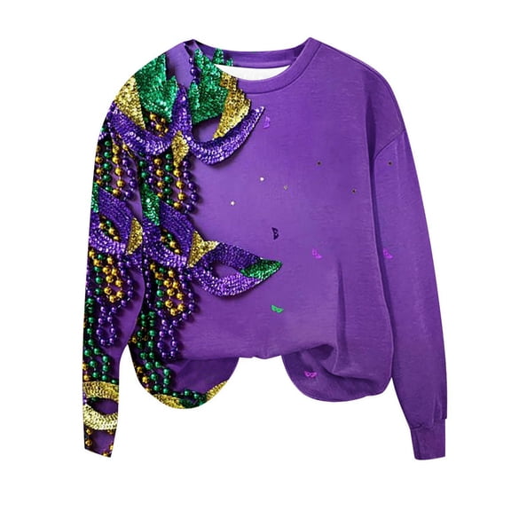 Tbopshirt Womens Tops,Mardi Gras Clothing,Carnival Fashion Printed Long Sleeved Round Neck Top,Tops for Women's