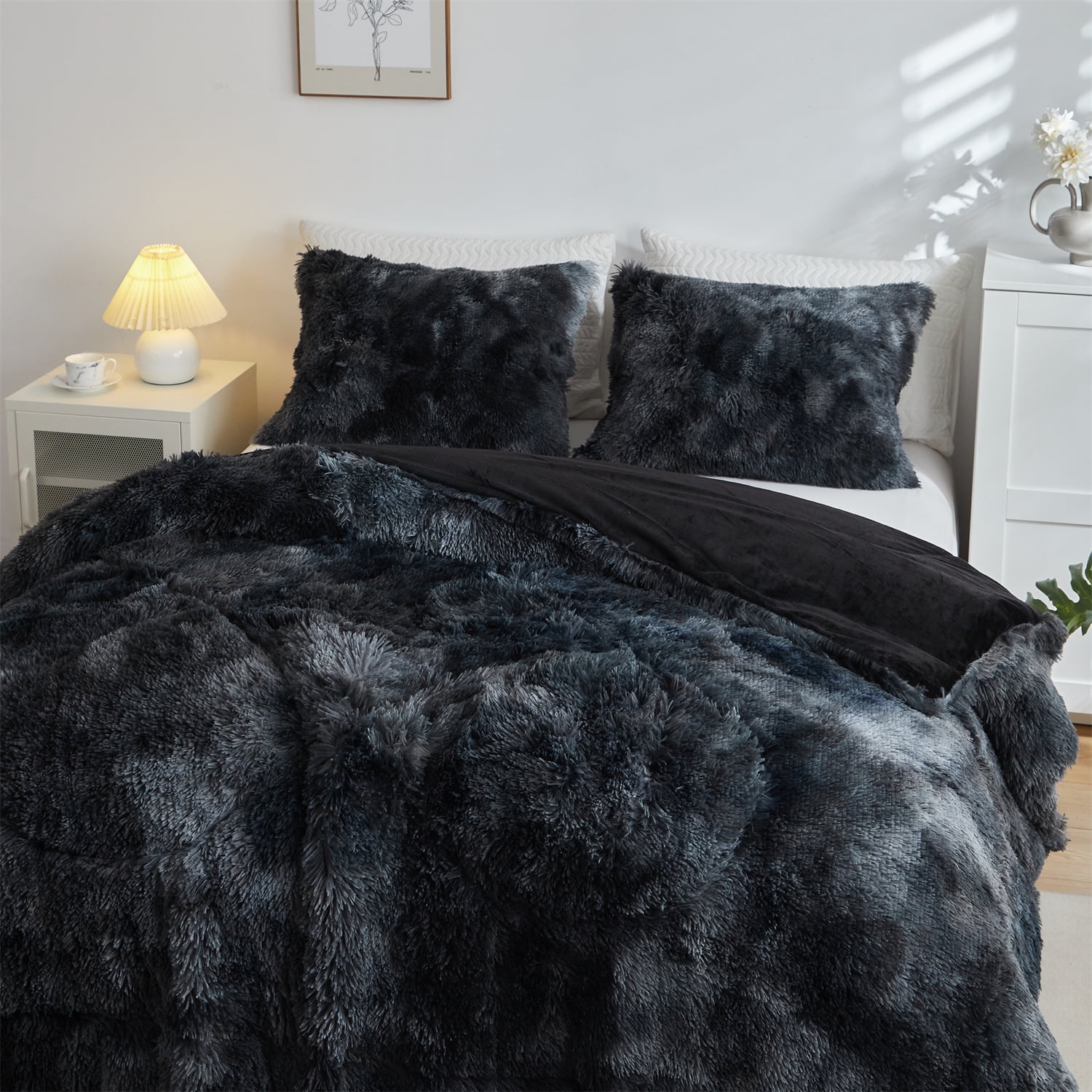 Wajade Plush Shaggy Comforter Set Fluffy Fuzzy Faux Fur Bedding Set - 3PC Microfiber Soft Warm Quilt Set(Black Tie Dye,Queen Size)