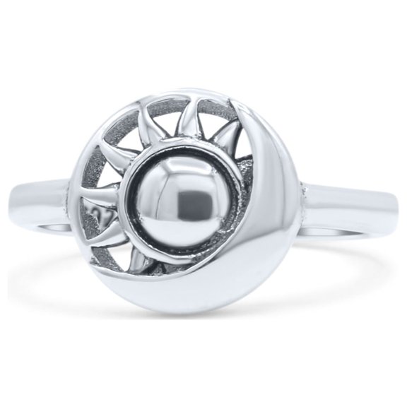 Iconic Enormous Crescent Moon And Sun Oxidized Ring Band 925 Sterling Silver Size 5