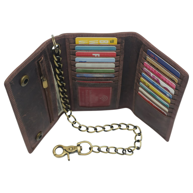 CRAZY HORSE* Rustic Look 4.25 Trifold RFID Leather CHAIN Wallet 51321