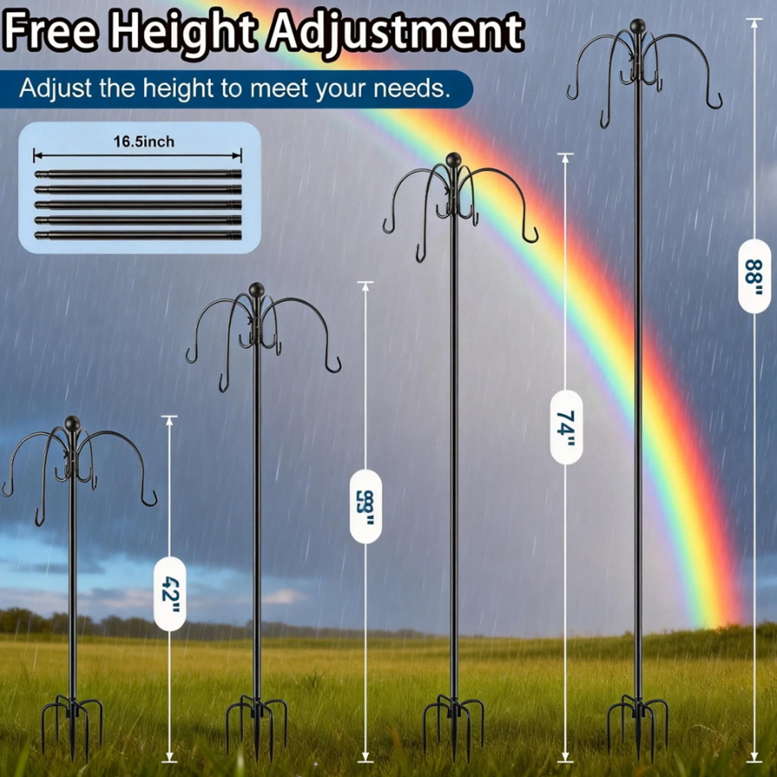 88" Heavy Duty Shepherds Hooks for Outdoor, 4-Hook Adjustable Bird Feeder Pole with Reinforced 5-Prong Base, Garden Hanger Stand for Hanging Plant, Hummingbird Feeder, Lantern, Solar Light