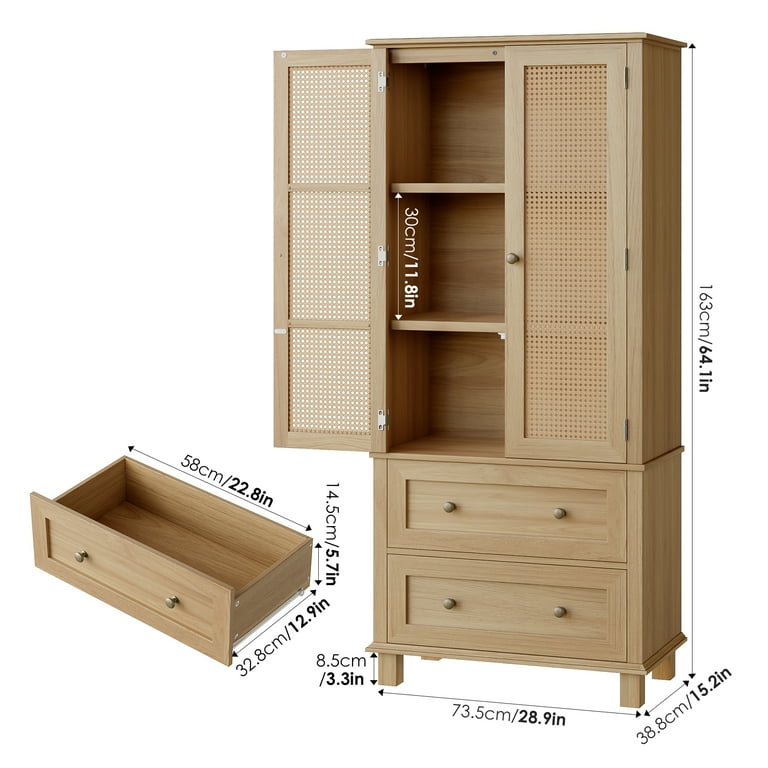 Homfa Storage Cabinet with Rattan Doors Tall Cabinet Rattan