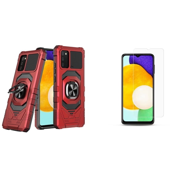 Case with Screen Protector Bundle for Samsung Galaxy A03s: Heavy Duty Series Protection Cover (Red) and (2-Pack) Tempered Glass Shields
