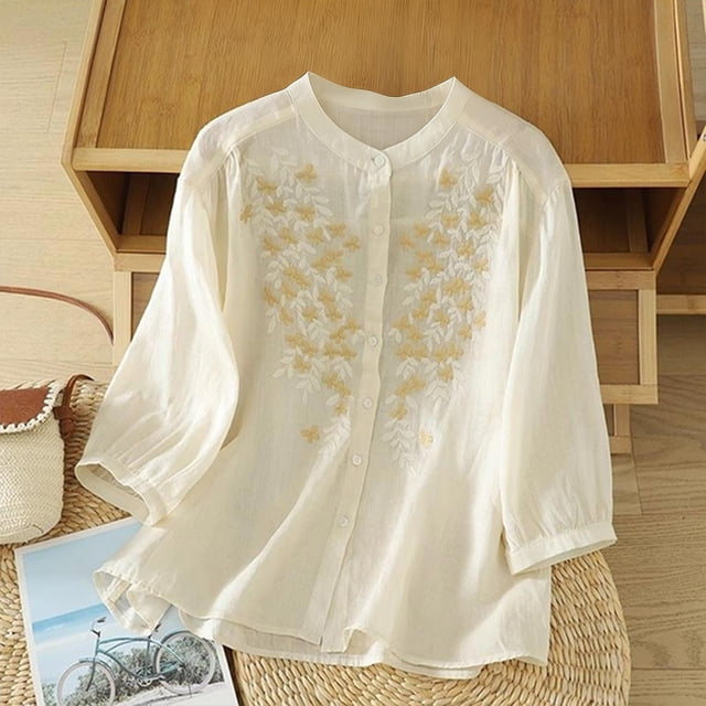 TaTaai Women's Loose Linen Embroidered Stand Collar Half Sleeve Tops Solid Color Casual Lightweight Soft Blouses for Daily Office Vacation Wear Gift