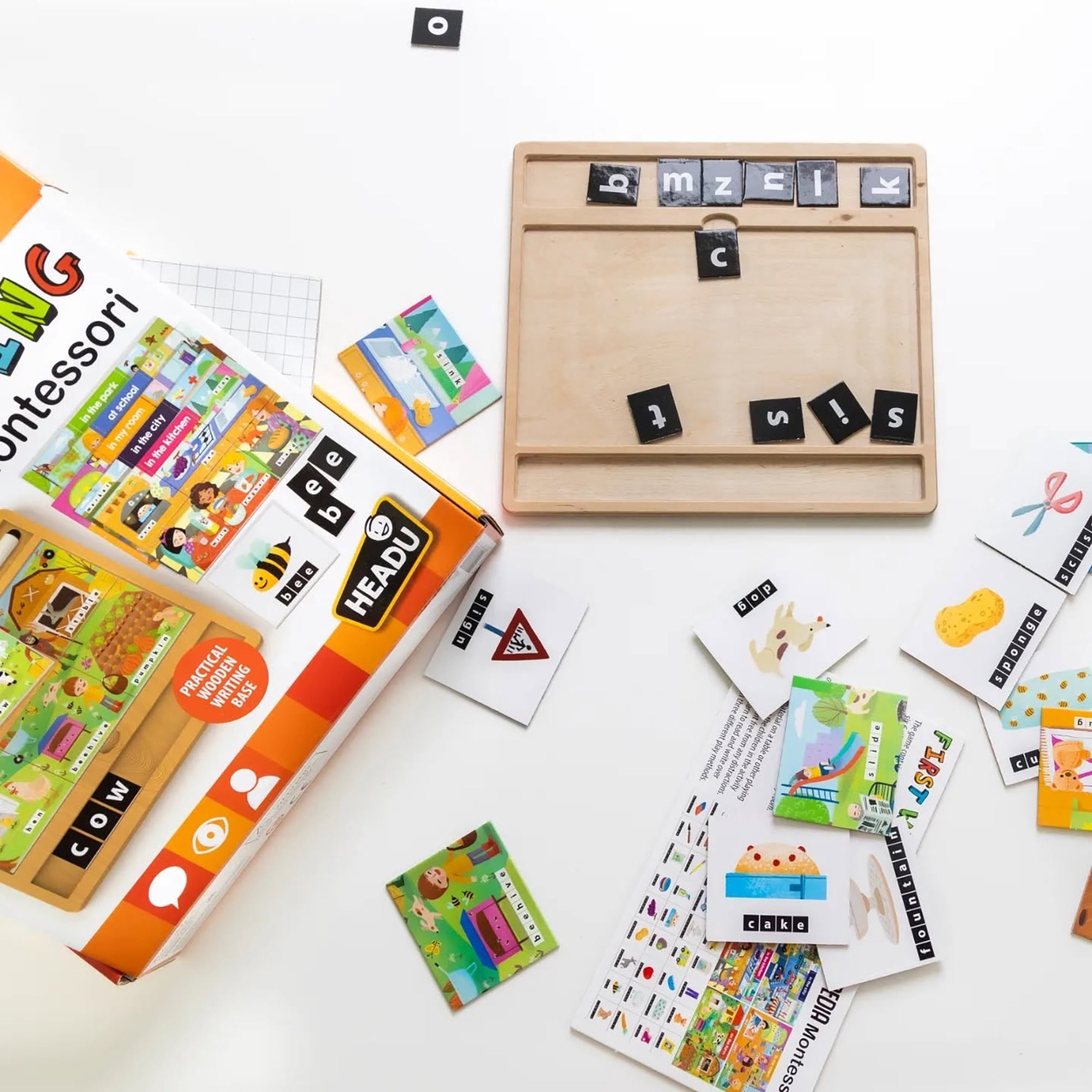Headu: First Writing Encyclopedia Montessori - Wooden Letter Tracing Board, Dry-Erase Writing Practice, Modular Lexical Scenes, ABC Tiles, Kids 3-6