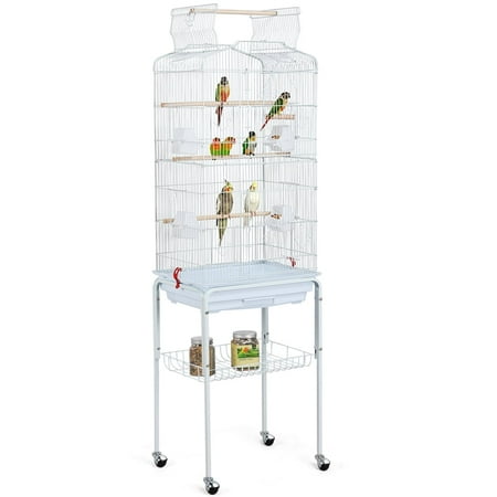 Yaheetech 64"H Open Top Metal Bird Cage Large Parrot Cage w/ Double Doors & Rolling Stand for Budgie Parrot Canary Cockatiel, White