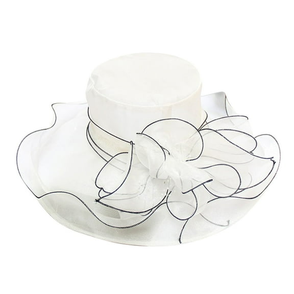 MANHUJI Women Derby Church Hat Organza Flower Wedding Tea Party Fascinator Hat Wide Brim Sun Hat Organza Flower Wedding Tea Party Hat (White,One Size)