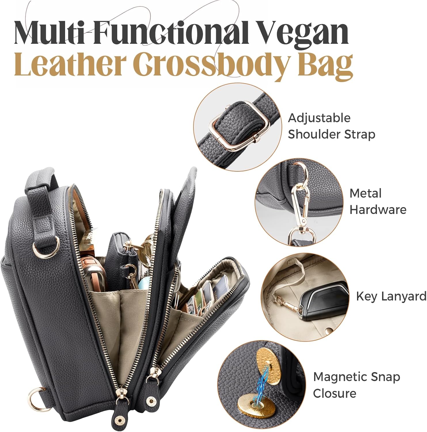 Vegan Crossbody Leather Bag for Women with 2 Adjustable Straps, Anti-Theft RFID Messenger Bag with Wallet, Small Shoulder Bag for Daily Travel