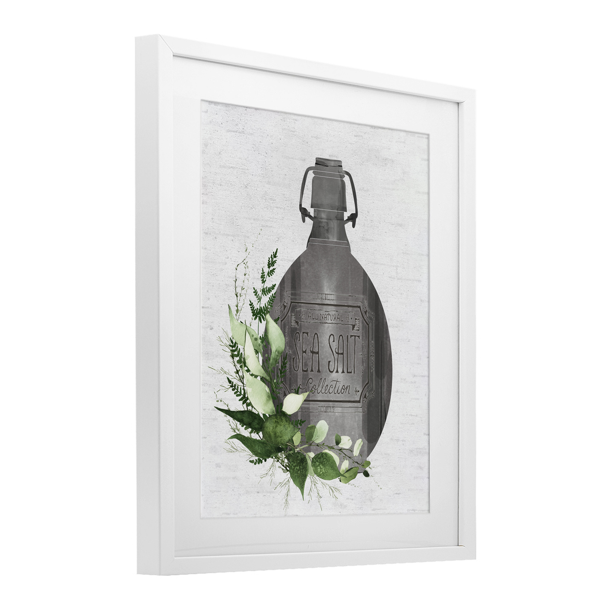 Vintage Bottle with Bathroom Herbs White Framed Print Under Glass, design by Lettered and Lined