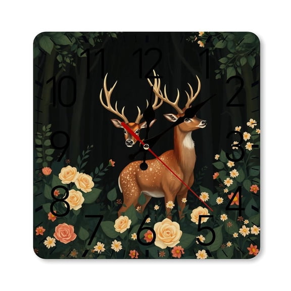 RKSupls 10×10inch Square Silent Wall Clock Wooden Frame, Deer Forest Floral Scale Decorative Clock for Home Bedroom Living Room Office