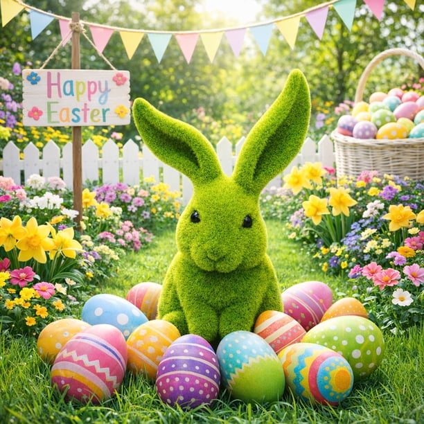 Adorno de conejo de Pascua verde flocado | Escultura de resina de conejo de pie para decoración de jardín y hogar | Centro de mesa y recuerdos de fiesta