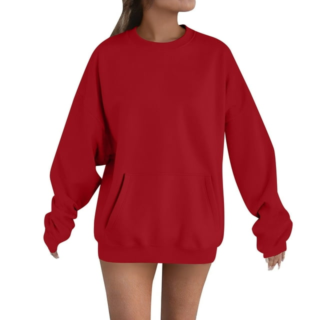 Breezora Chandail à Capuchon à Poche Surdimensionné pour Femmes, Col Rond, Chandail Décontracté Confortable, Taille P, Rouge