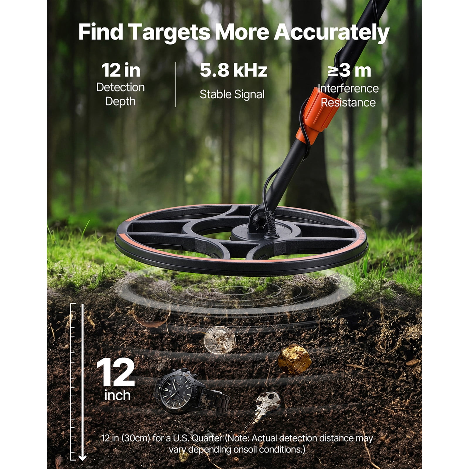 KFFKFF Metal Detector for Adults, 12" High-Precision Gold Finder, Waterproof Search Coil with Display, Headphones, 6 Detection Modes, Adjustable Length, Ideal for Gold and Treasure Hunting