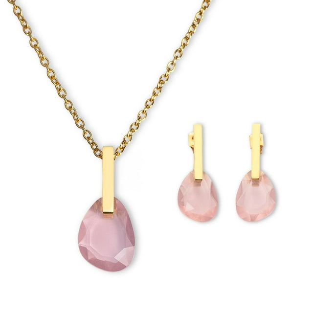 Set Juego de Joyería para Mujer con Cristales LuckyLy, Aretes y Collar de Acero Inoxidable, Modelo Amber rosa claro UNITALLA