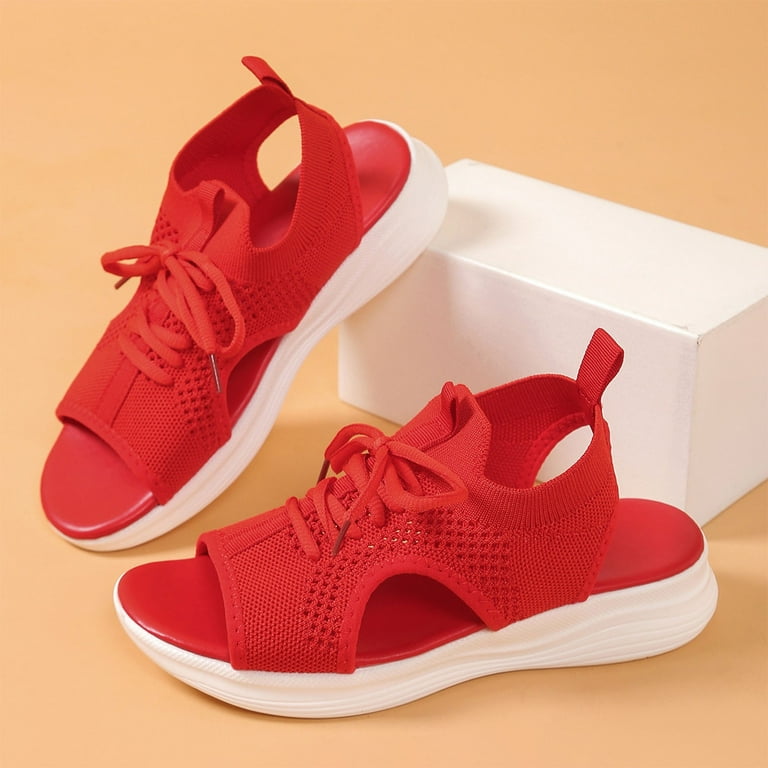 Women's Contrast Panel Lace-Up Muffin Sandals - Open Toe Platform Sneakers For Summer