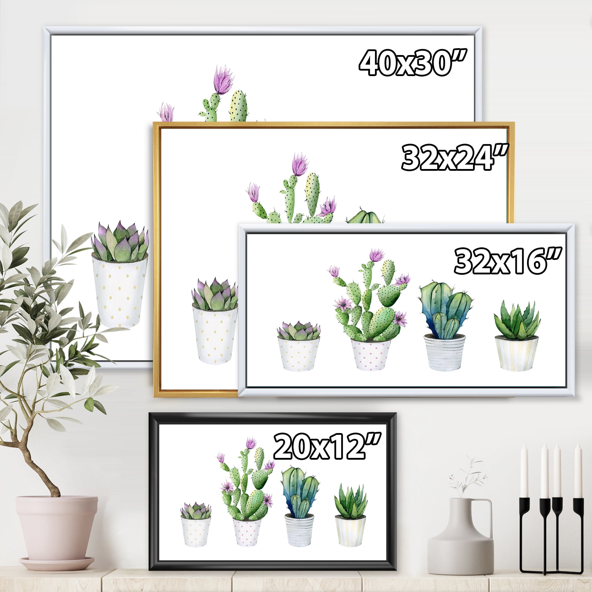 Designart 'Aloe Vera Cactus Succulent Home Plants In The Pots' Farmhouse Framed Canvas Wall Art Print