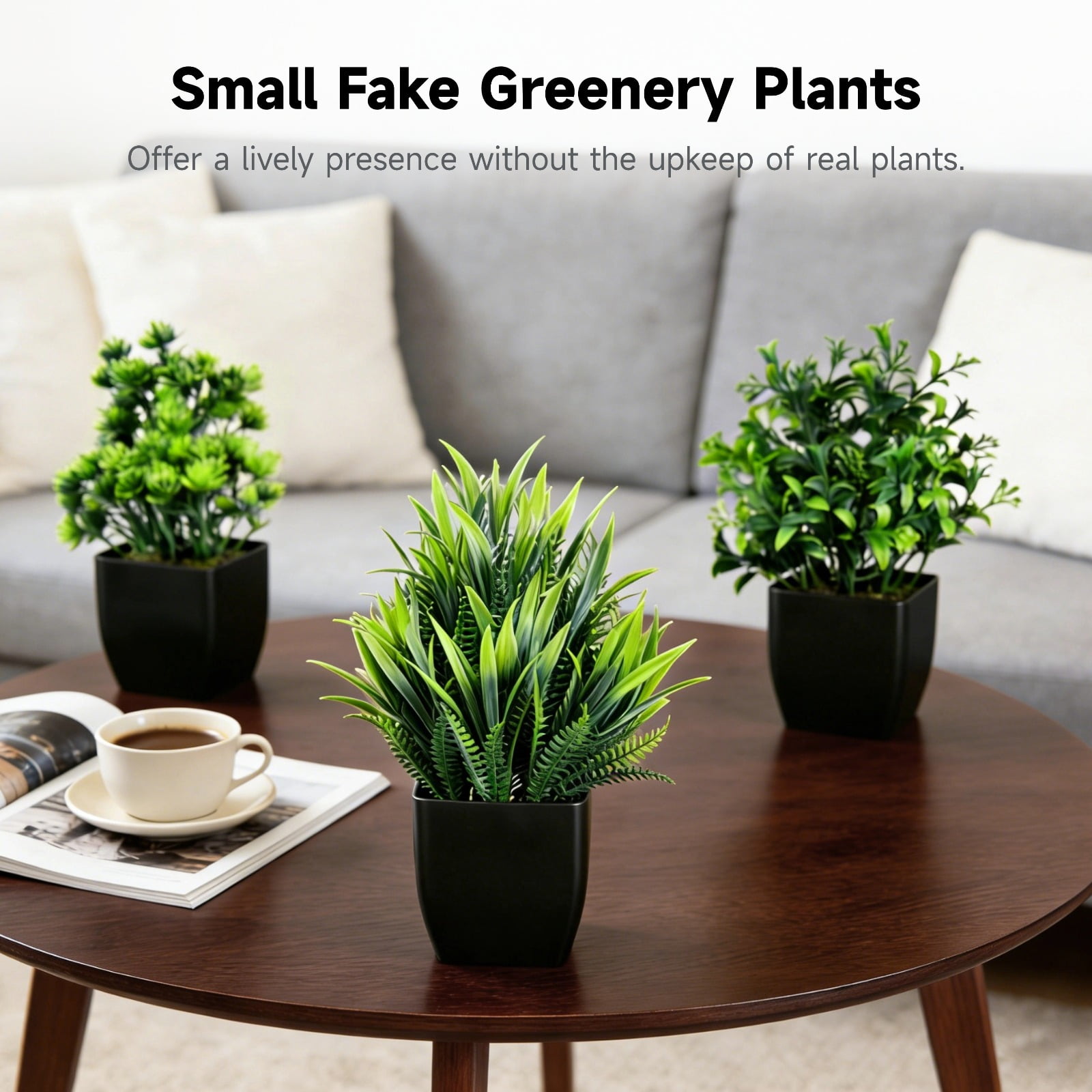12 Pcs Fake Plants in Black Pots, Mini Artificial Eucalyptus Potted Plants, Small Realistic Faux Greenery Fern Plants for Living Room, Bathroom, Office Table Decor