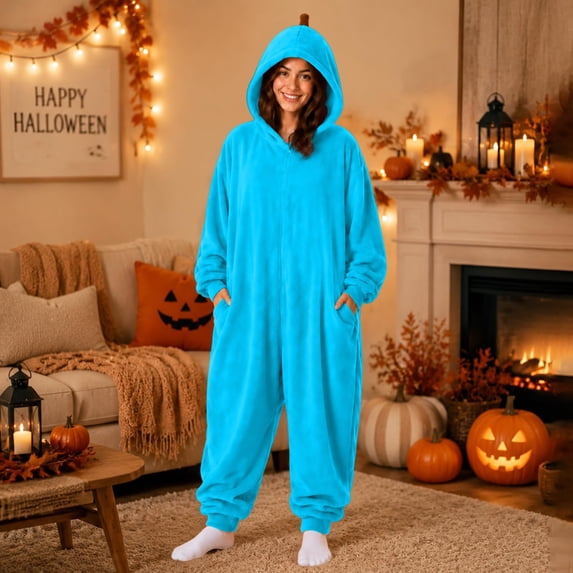 Unisex Adult Onesie Pajamas BWASD Casual One Piece Snug Fit Thick Warm Plush Pajamas Soft Solid Color Long Sleeve Hooded Loungewear Soft for Fall Winter Sleepwear Blue,3XL