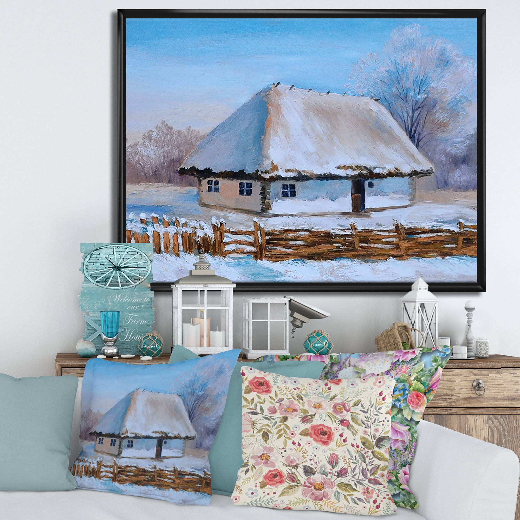 Designart 'Traditional Cottage Covered With Snow In Winter I' Traditional Framed Canvas Wall Art Print