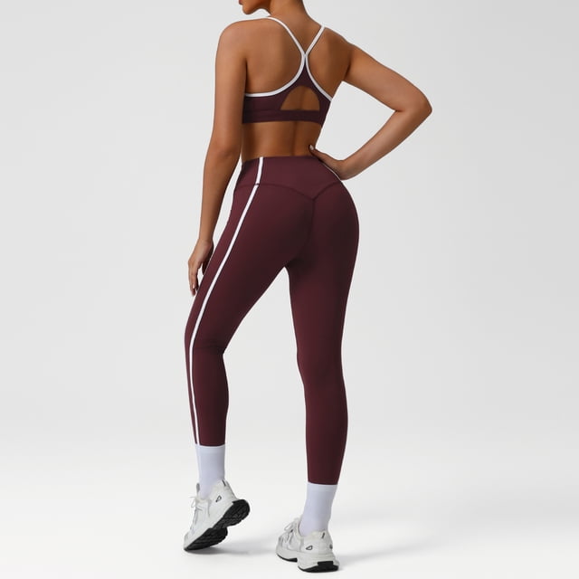 PISONIC Womens Workout Set Two Pieces Spaghetti Straps Color Block Sports Bra Matching High Waist Leggings Gym Work Out Outfits