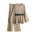 thumbnail image 3 of YOIAVAIOY Women 2 Piece Outfits Belt Pullover Sweater Wide Leg Pant Lounge Set Winter Work Business Sets Knitted Casual Solid Matching Sets Khaki Free Size, 3 of 4