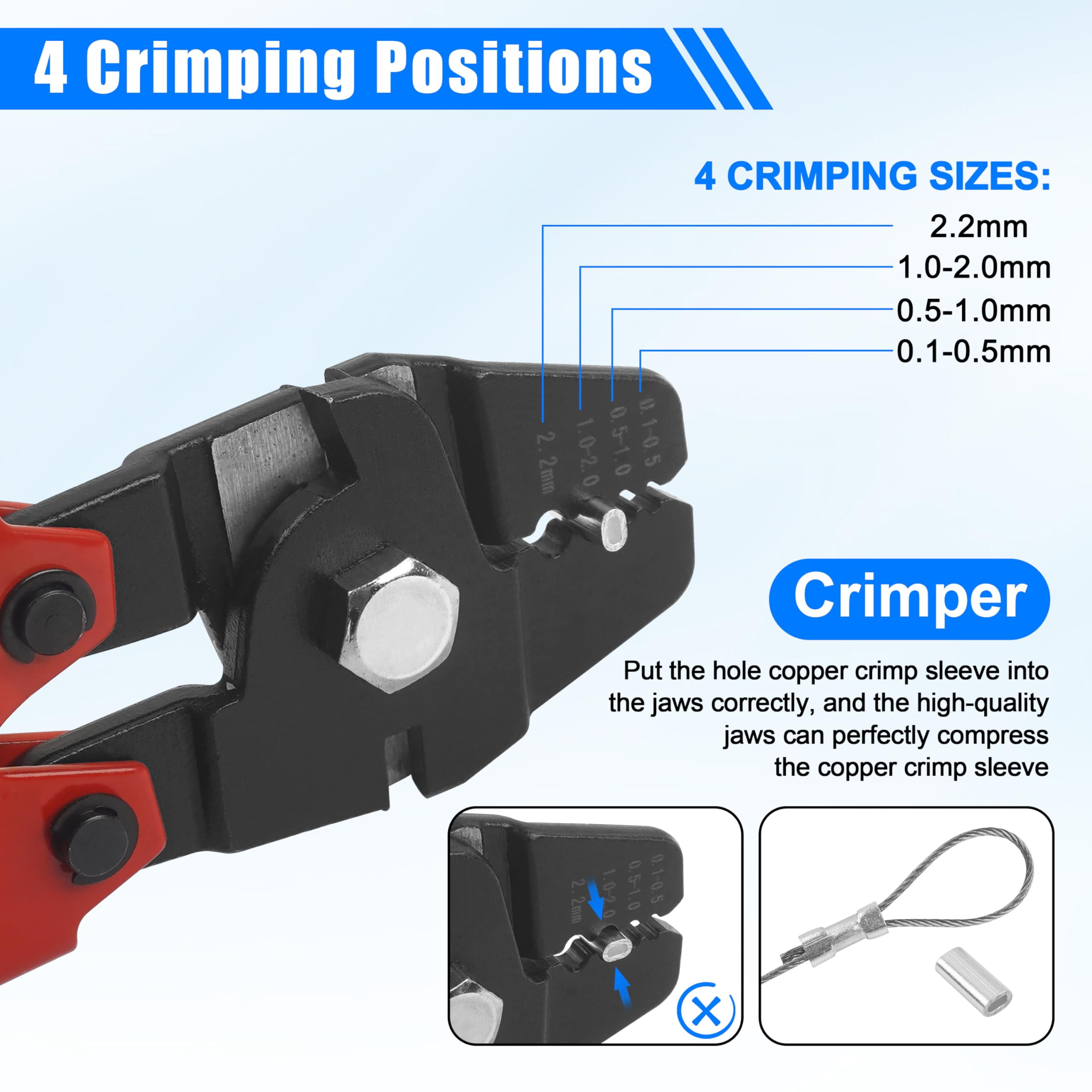 Wire Rope Crimping Tool with Cutter + 500pcs Crimp Sleeves Set Effort-Saving Fishing Crimping Pliers Stainless Steel Fishing Wire Crimper Tool, 4 Size Crimp Sleeves Fishing Tackle Pliers