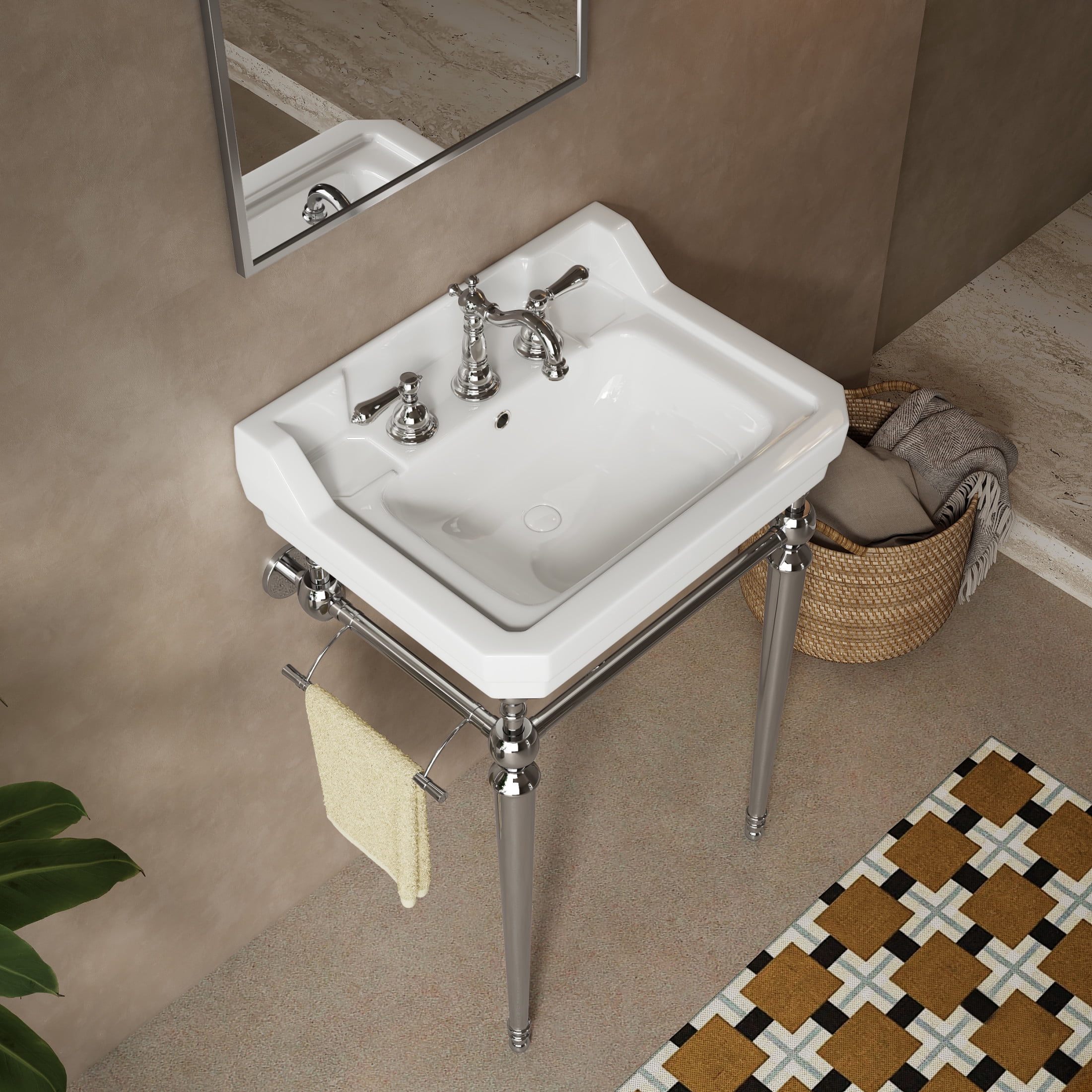 Noble House VICI 23" Bathroom Console Sink, Wall-Mounted Ceramic Basin Vanity with Stainless Steel Legs, White & Chrome