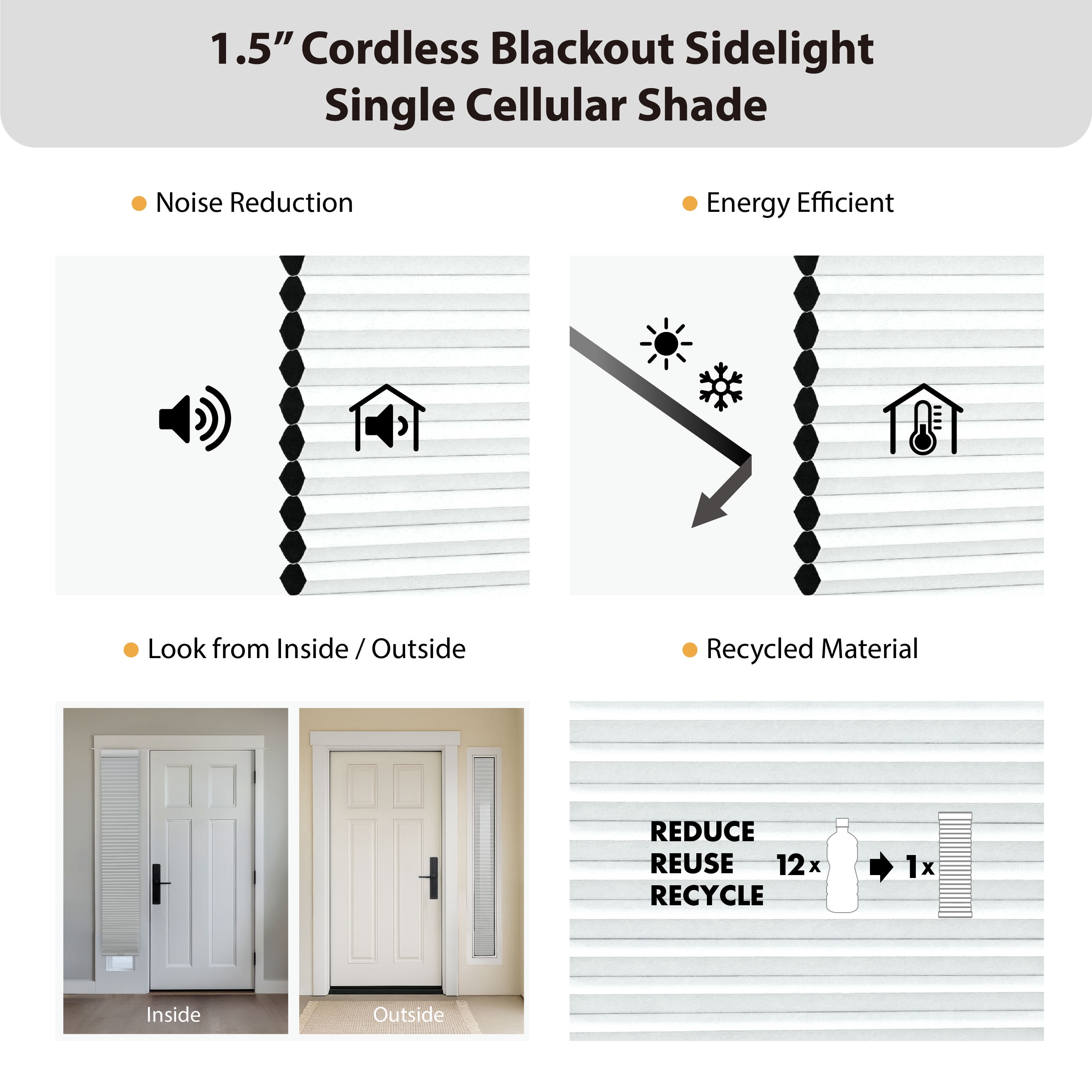 Regal Living Cordless 1.5" Blackout Cellular Sidelight Shade, White - 11.25 in. W x 72 in. L
